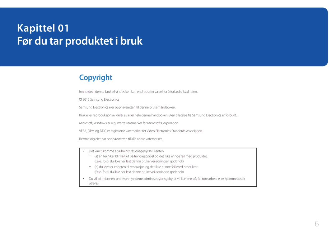 Samsung LH10DBEPTGC/EN, LH10DBEPEBB/EN, LH10DBEPPBB/EN manual Før du tar produktet i bruk, Copyright 