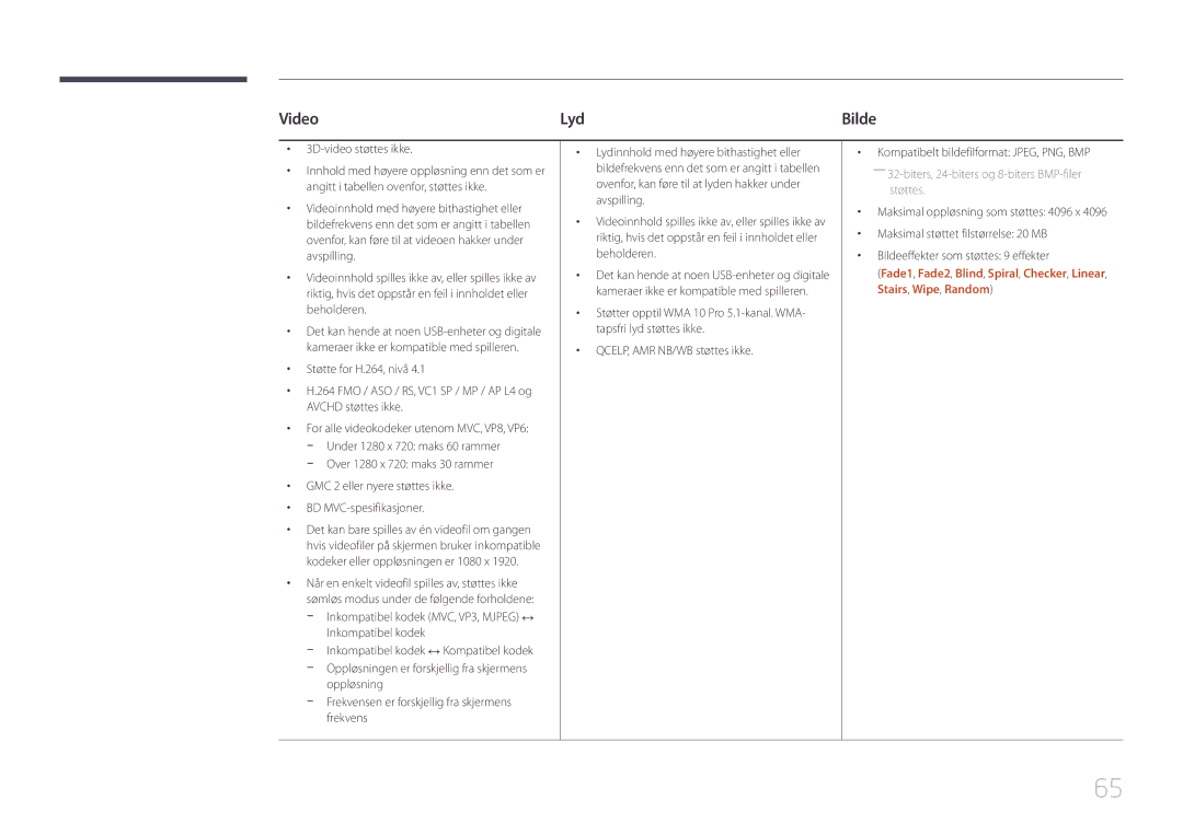 Samsung LH10DBEPPBB/EN, LH10DBEPTGC/EN, LH10DBEPEBB/EN manual Video Lyd, 3D-video støttes ikke, Inkompatibel kodek 