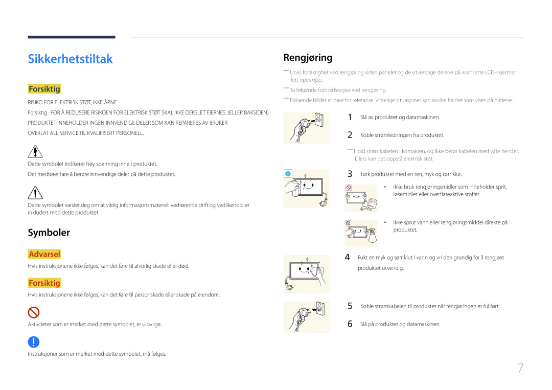 Samsung LH10DBEPEBB/EN, LH10DBEPTGC/EN Sikkerhetstiltak, Symboler, Rengjøring, Forsiktig, Slå på produktet og datamaskinen 