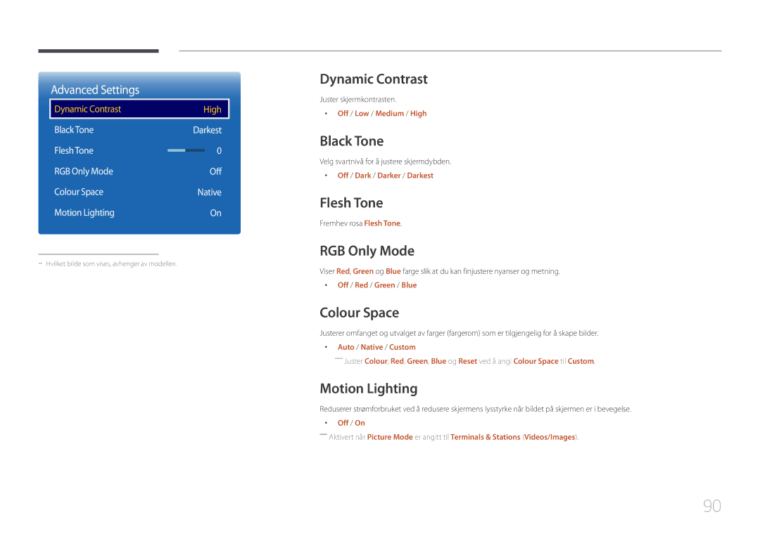 Samsung LH10DBEPTGC/EN manual Dynamic Contrast, Black Tone, Flesh Tone, RGB Only Mode, Colour Space, Motion Lighting 