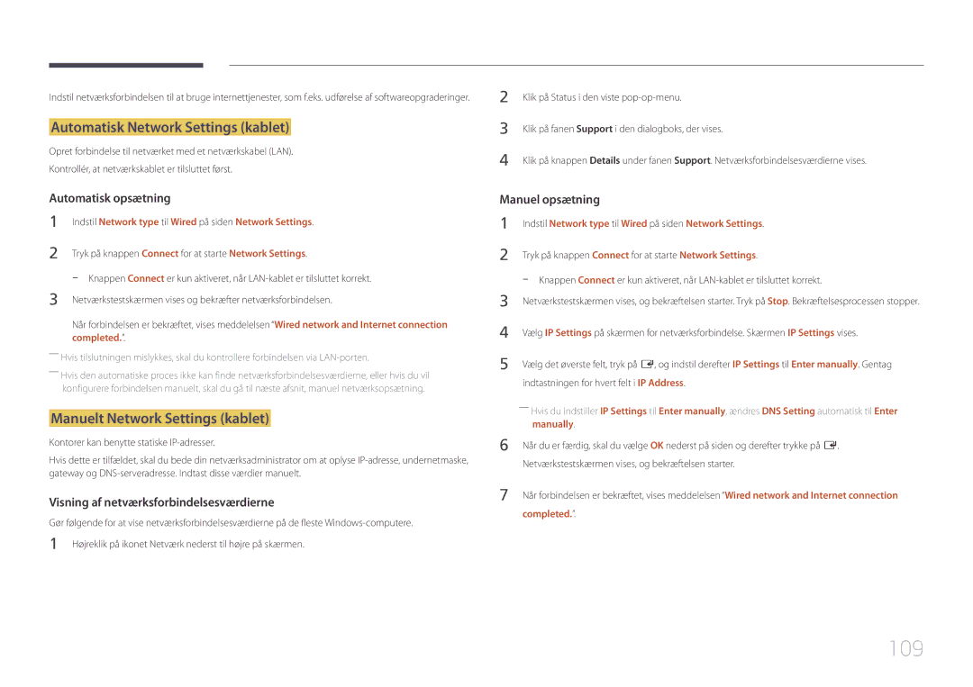 Samsung LH10DBEPEBB/EN, LH10DBEPTGC/EN manual 109, Automatisk Network Settings kablet, Manuelt Network Settings kablet 