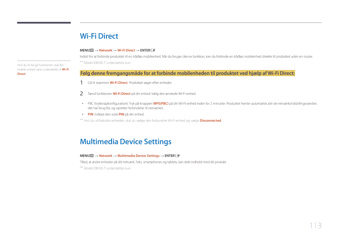 Samsung LH10DBEPPBB/EN, LH10DBEPTGC/EN manual Multimedia Device Settings, 113, MENUm → Network → Wi-Fi Direct → Entere 