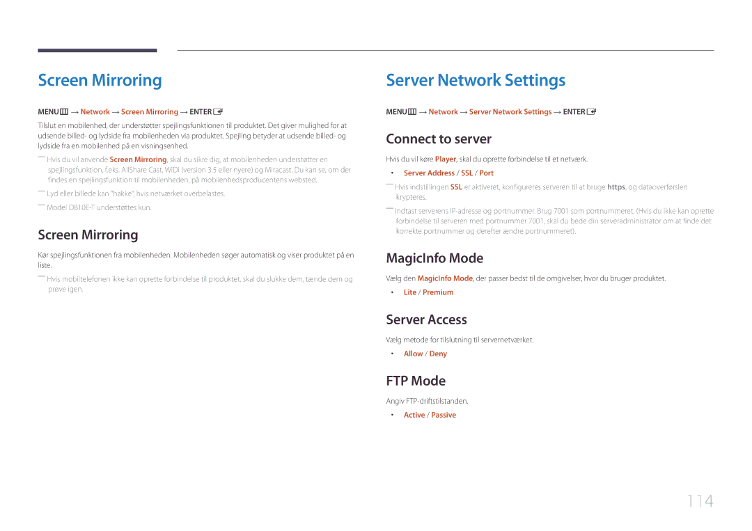 Samsung LH10DBEPTGC/EN, LH10DBEPEBB/EN, LH10DBEPPBB/EN manual Screen Mirroring, Server Network Settings, 114 