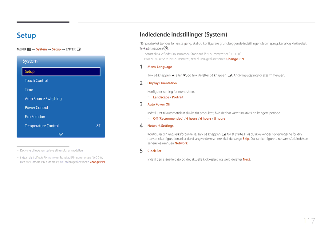 Samsung LH10DBEPTGC/EN, LH10DBEPEBB/EN, LH10DBEPPBB/EN manual Setup, 117, Indledende indstillinger System 