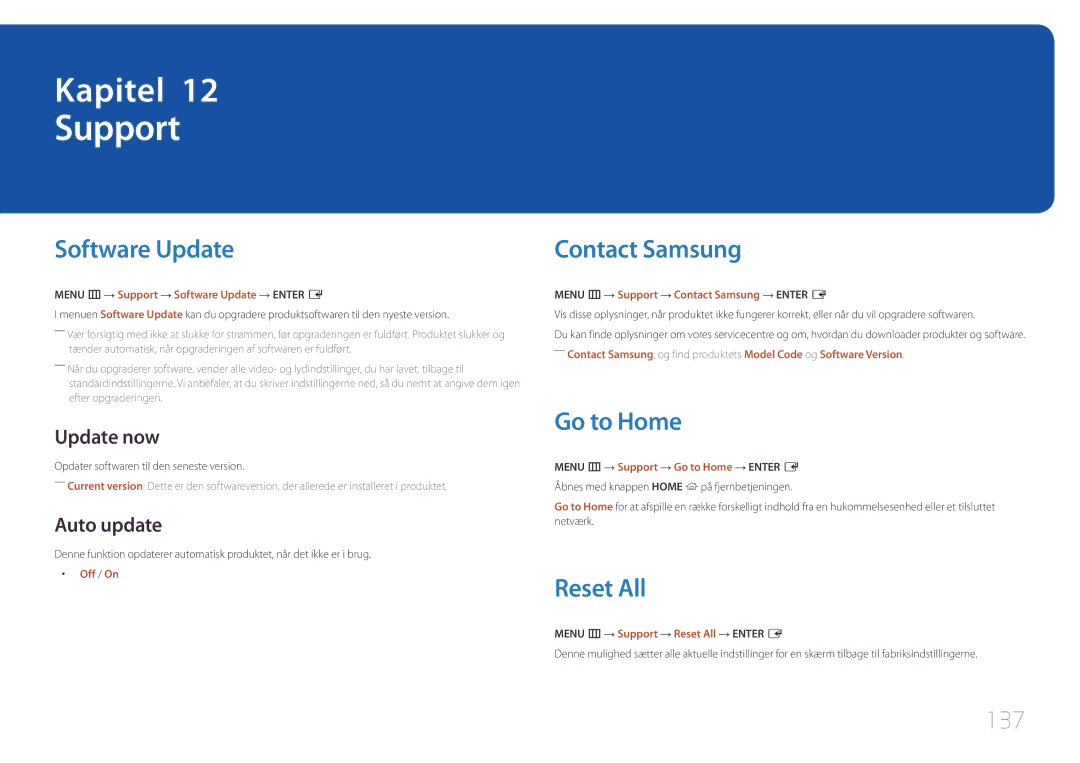 Samsung LH10DBEPPBB/EN, LH10DBEPTGC/EN, LH10DBEPEBB/EN Support, Software Update, Contact Samsung, Go to Home, Reset All 