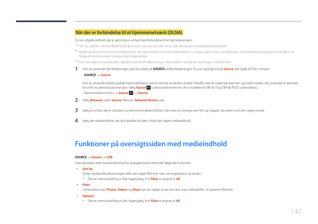 Samsung LH10DBEPEBB/EN, LH10DBEPTGC/EN Funktioner på oversigtssiden med medieindhold, 142, Source → Source → USB, Filter 