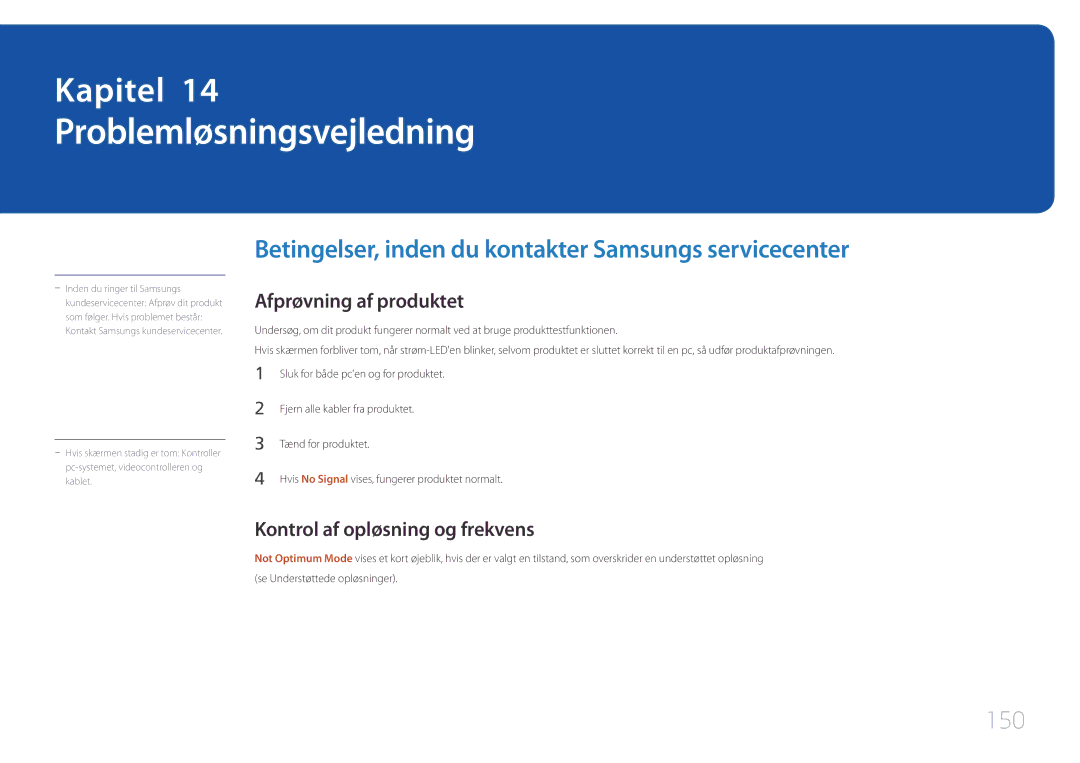 Samsung LH10DBEPTGC/EN manual Problemløsningsvejledning, Betingelser, inden du kontakter Samsungs servicecenter, 150 