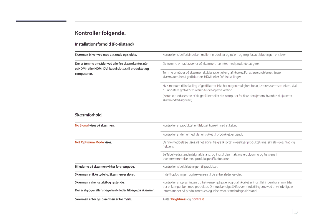 Samsung LH10DBEPEBB/EN, LH10DBEPTGC/EN manual 151, Kontroller følgende, Installationsforhold Pc-tilstand, Skærmforhold 