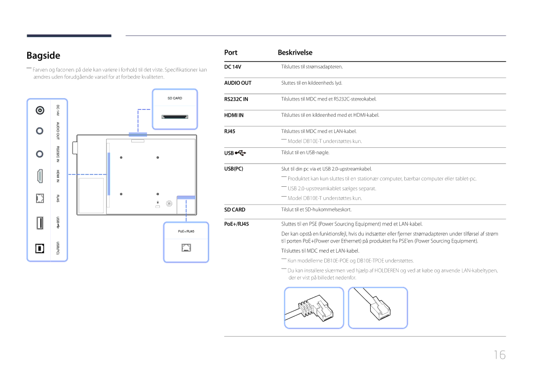 Samsung LH10DBEPEBB/EN, LH10DBEPTGC/EN manual Bagside, Port Beskrivelse, PoE+/RJ45, Tilsluttes til MDC med et LAN-kabel 