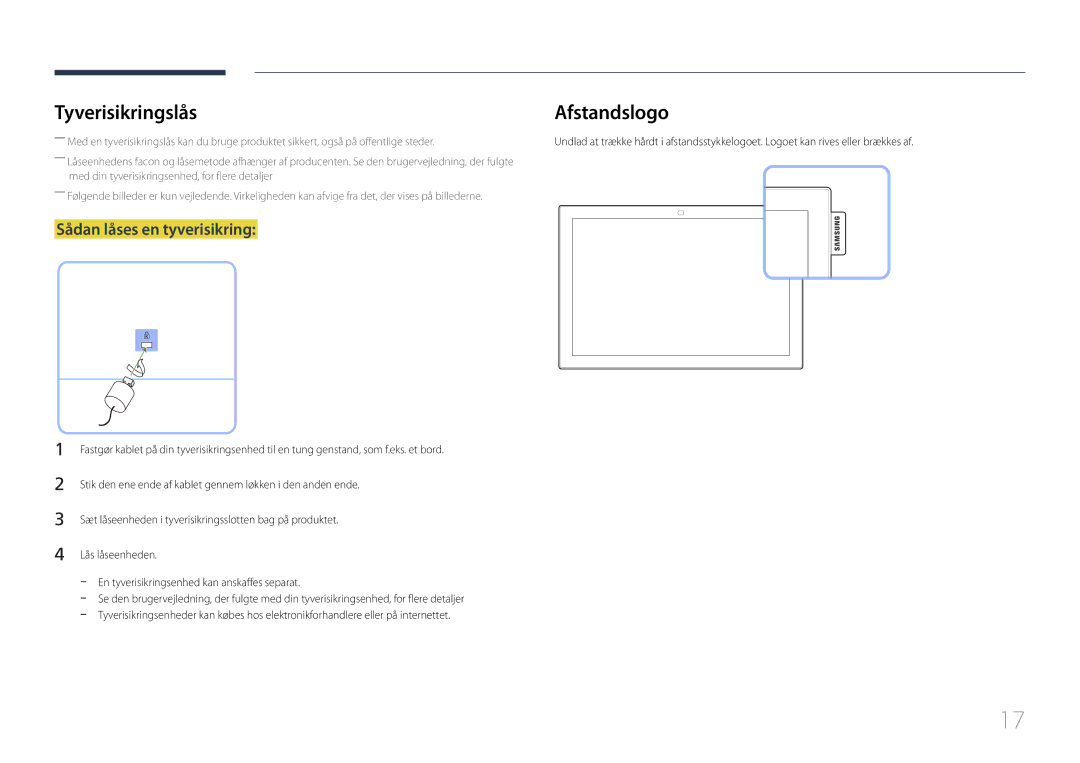 Samsung LH10DBEPPBB/EN, LH10DBEPTGC/EN, LH10DBEPEBB/EN manual Tyverisikringslås, Sådan låses en tyverisikring 