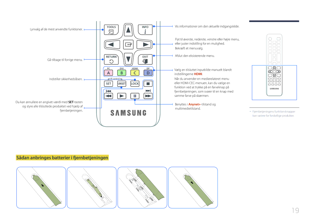 Samsung LH10DBEPEBB/EN manual Sådan anbringes batterier i fjernbetjeningen, Lynvalg af de mest anvendte funktioner 