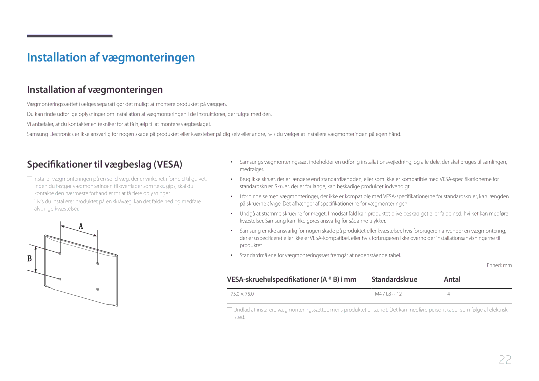 Samsung LH10DBEPEBB/EN manual Installation af vægmonteringen, Specifikationer til vægbeslag Vesa, Standardskrue Antal 