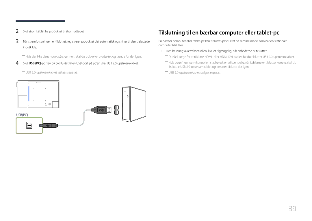 Samsung LH10DBEPTGC/EN, LH10DBEPEBB/EN, LH10DBEPPBB/EN manual Tilslutning til en bærbar computer eller tablet-pc 