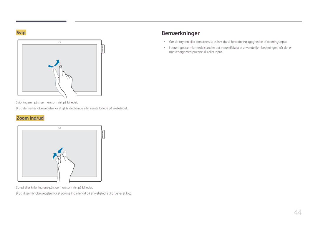 Samsung LH10DBEPPBB/EN, LH10DBEPTGC/EN, LH10DBEPEBB/EN manual Bemærkninger, Svip, Zoom ind/ud 