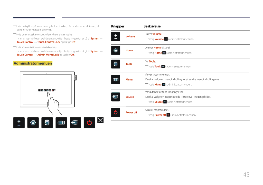 Samsung LH10DBEPTGC/EN, LH10DBEPEBB/EN, LH10DBEPPBB/EN manual Administratormenuen, Knapper Beskrivelse 