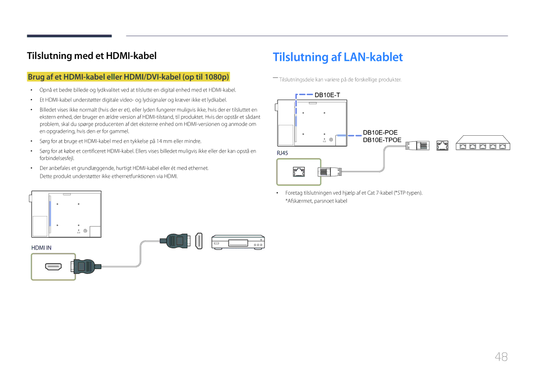 Samsung LH10DBEPTGC/EN, LH10DBEPEBB/EN Tilslutning af LAN-kablet, Brug af et HDMI-kabel eller HDMI/DVI-kabel op til 1080p 