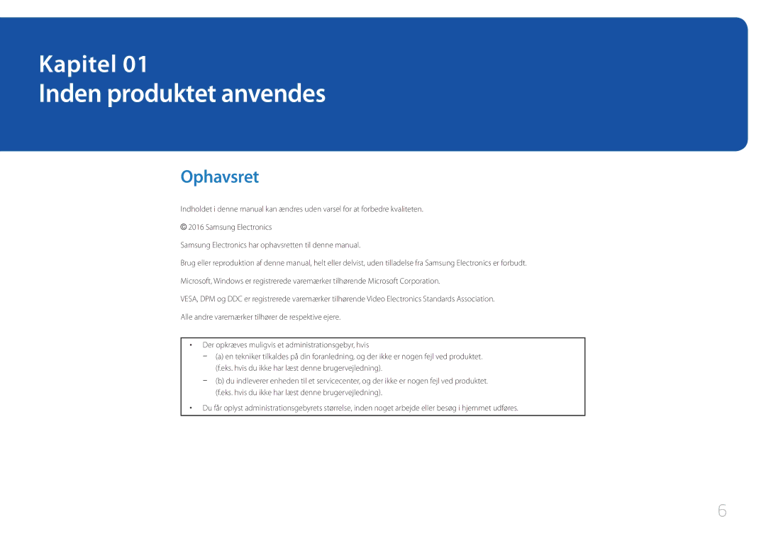 Samsung LH10DBEPTGC/EN, LH10DBEPEBB/EN, LH10DBEPPBB/EN manual Inden produktet anvendes, Ophavsret 