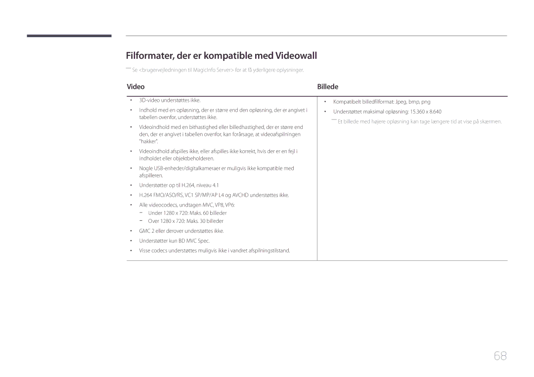 Samsung LH10DBEPPBB/EN, LH10DBEPTGC/EN, LH10DBEPEBB/EN manual Filformater, der er kompatible med Videowall 