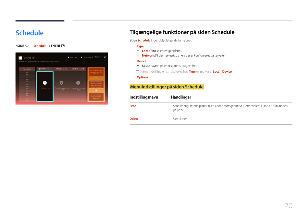 Samsung LH10DBEPEBB/EN, LH10DBEPTGC/EN Tilgængelige funktioner på siden Schedule, Menuindstillinger på siden Schedule 