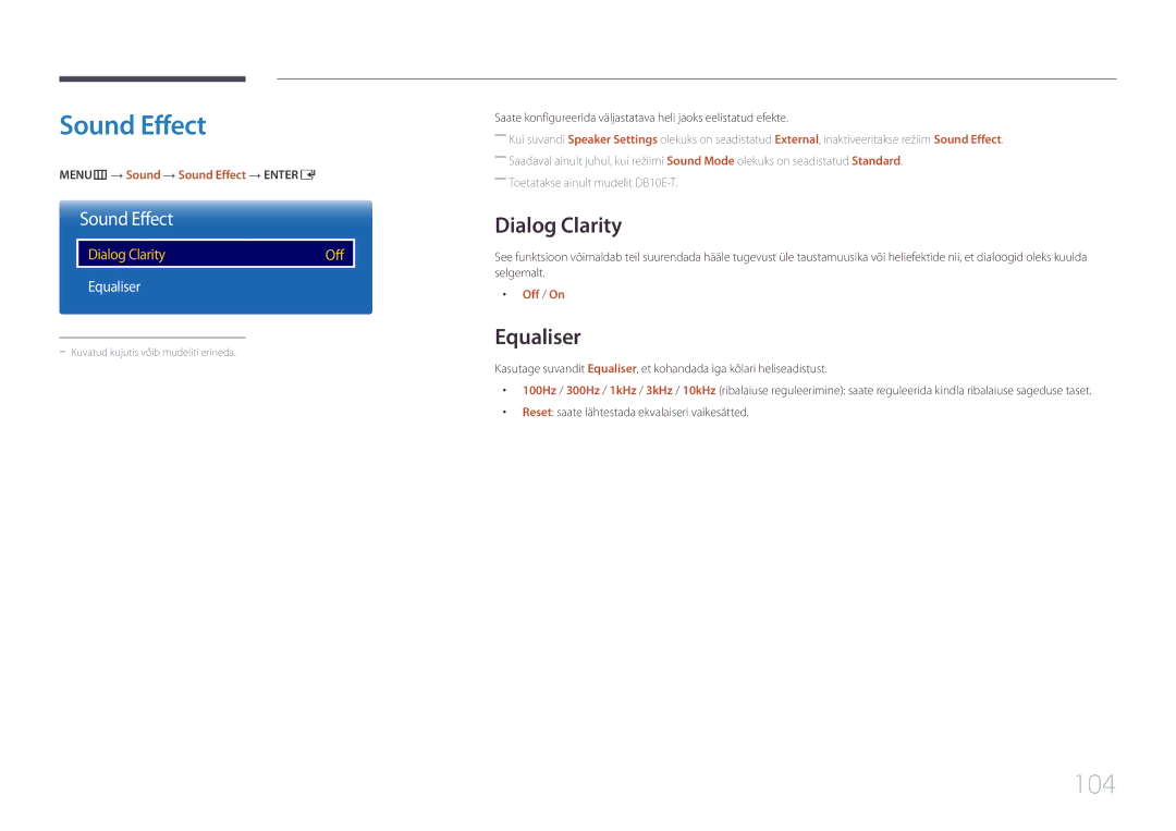 Samsung LH10DBEPPBB/EN, LH10DBEPTGC/EN, LH10DBEPEBB/EN manual Sound Effect, 104, Dialog Clarity, Equaliser 