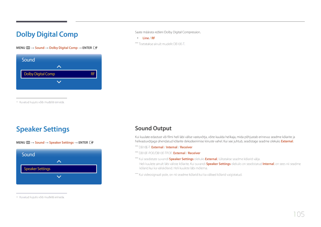 Samsung LH10DBEPTGC/EN, LH10DBEPEBB/EN, LH10DBEPPBB/EN manual Dolby Digital Comp, Speaker Settings, 105, Sound Output 