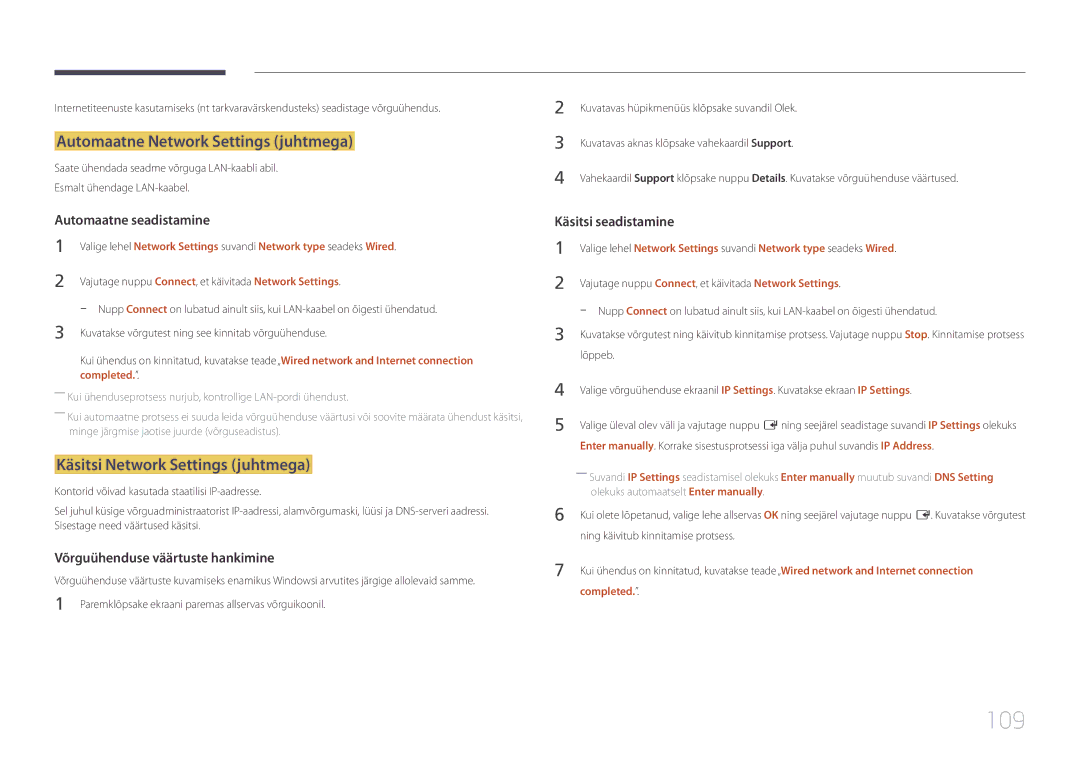 Samsung LH10DBEPEBB/EN manual 109, Automaatne Network Settings juhtmega, Käsitsi Network Settings juhtmega, Completed 