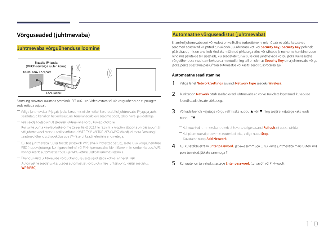 Samsung LH10DBEPPBB/EN 110, Võrguseaded juhtmevaba, Juhtmevaba võrguühenduse loomine, Automaatne võrguseadistus juhtmevaba 