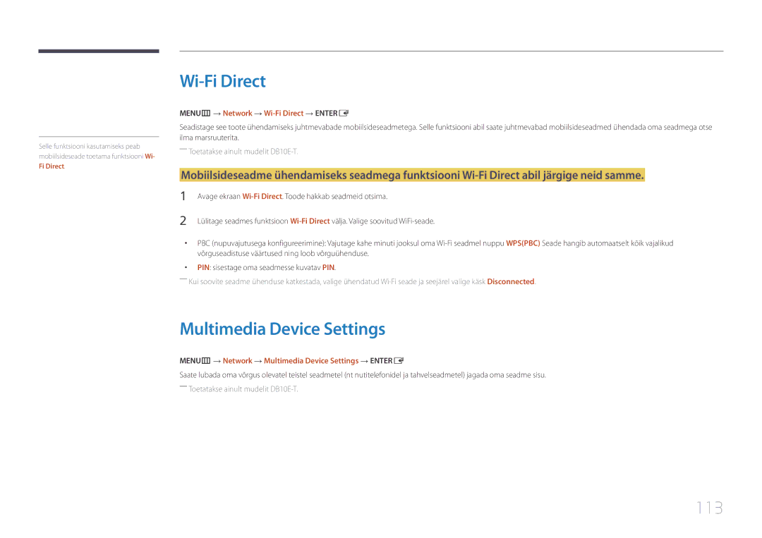 Samsung LH10DBEPPBB/EN, LH10DBEPTGC/EN manual Multimedia Device Settings, 113, MENUm → Network → Wi-Fi Direct → Entere 