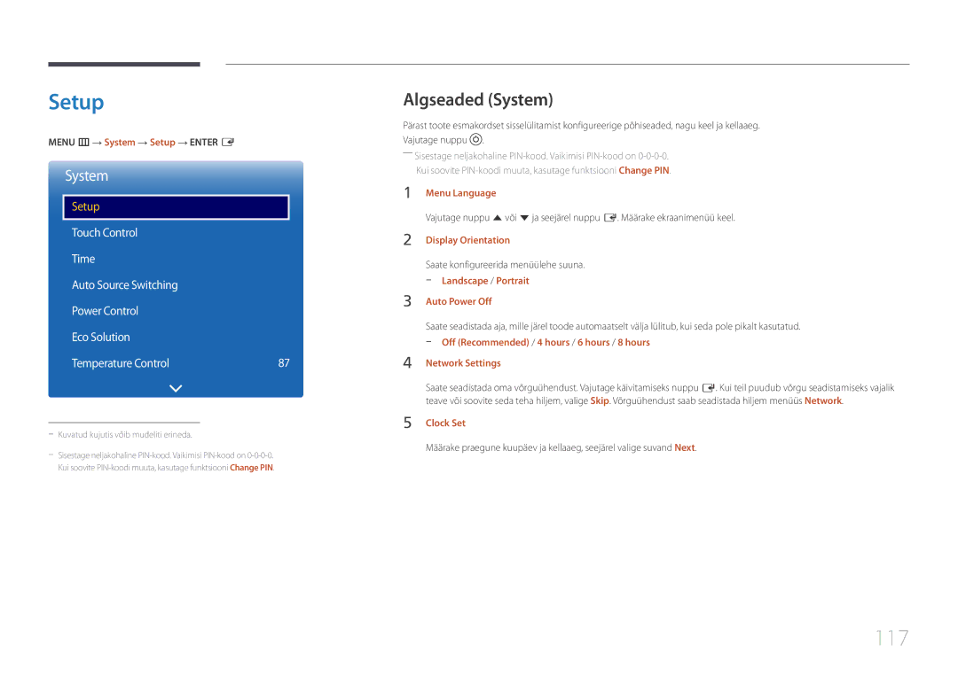 Samsung LH10DBEPTGC/EN, LH10DBEPEBB/EN, LH10DBEPPBB/EN manual Setup, 117, Algseaded System 