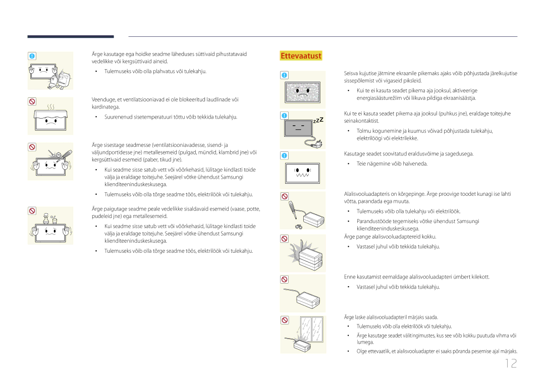 Samsung LH10DBEPTGC/EN, LH10DBEPEBB/EN, LH10DBEPPBB/EN manual Vedelikke või kergsüttivaid aineid 