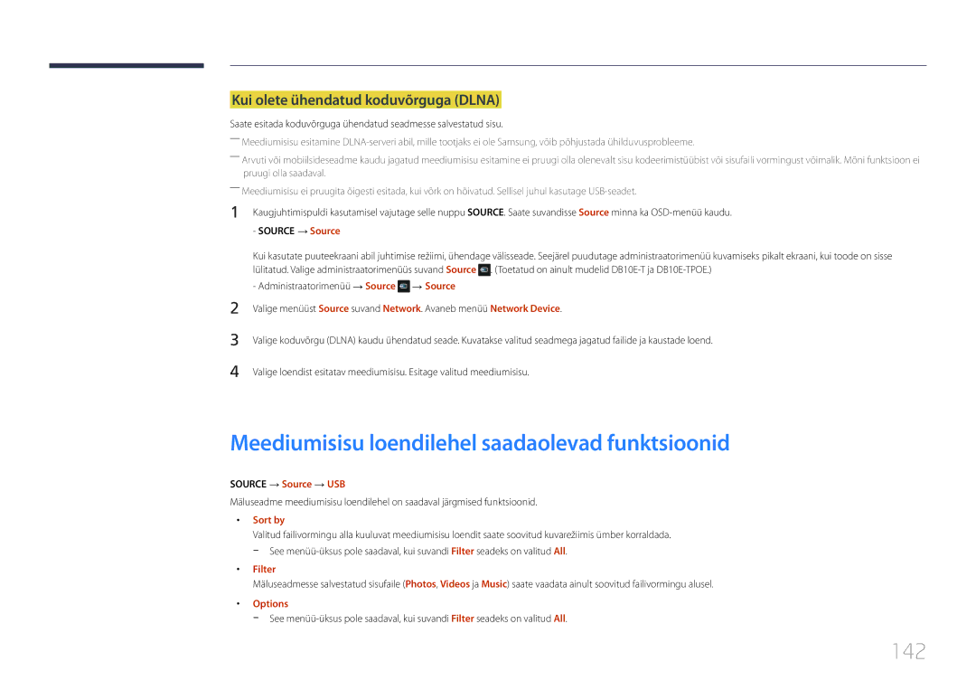 Samsung LH10DBEPEBB/EN manual Meediumisisu loendilehel saadaolevad funktsioonid, 142, Kui olete ühendatud koduvõrguga Dlna 