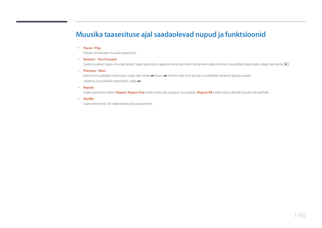 Samsung LH10DBEPPBB/EN, LH10DBEPTGC/EN manual Muusika taasesituse ajal saadaolevad nupud ja funktsioonid, 146, Shuffle 