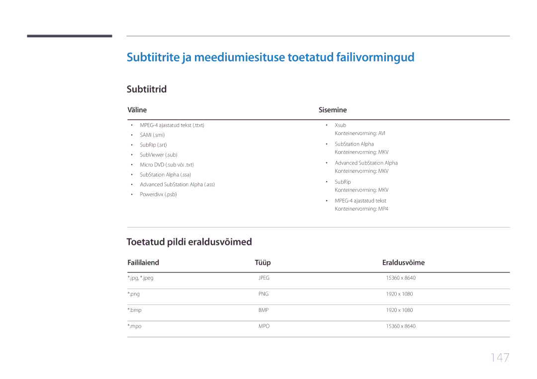 Samsung LH10DBEPTGC/EN, LH10DBEPEBB/EN manual Subtiitrite ja meediumiesituse toetatud failivormingud, 147, Subtiitrid 