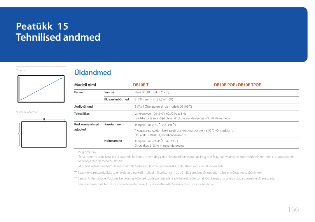 Samsung LH10DBEPTGC/EN, LH10DBEPEBB/EN, LH10DBEPPBB/EN manual Tehnilised andmed, Üldandmed, 156, Mudeli nimi 