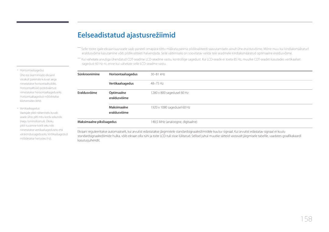 Samsung LH10DBEPPBB/EN, LH10DBEPTGC/EN, LH10DBEPEBB/EN manual Eelseadistatud ajastusrežiimid, 158 