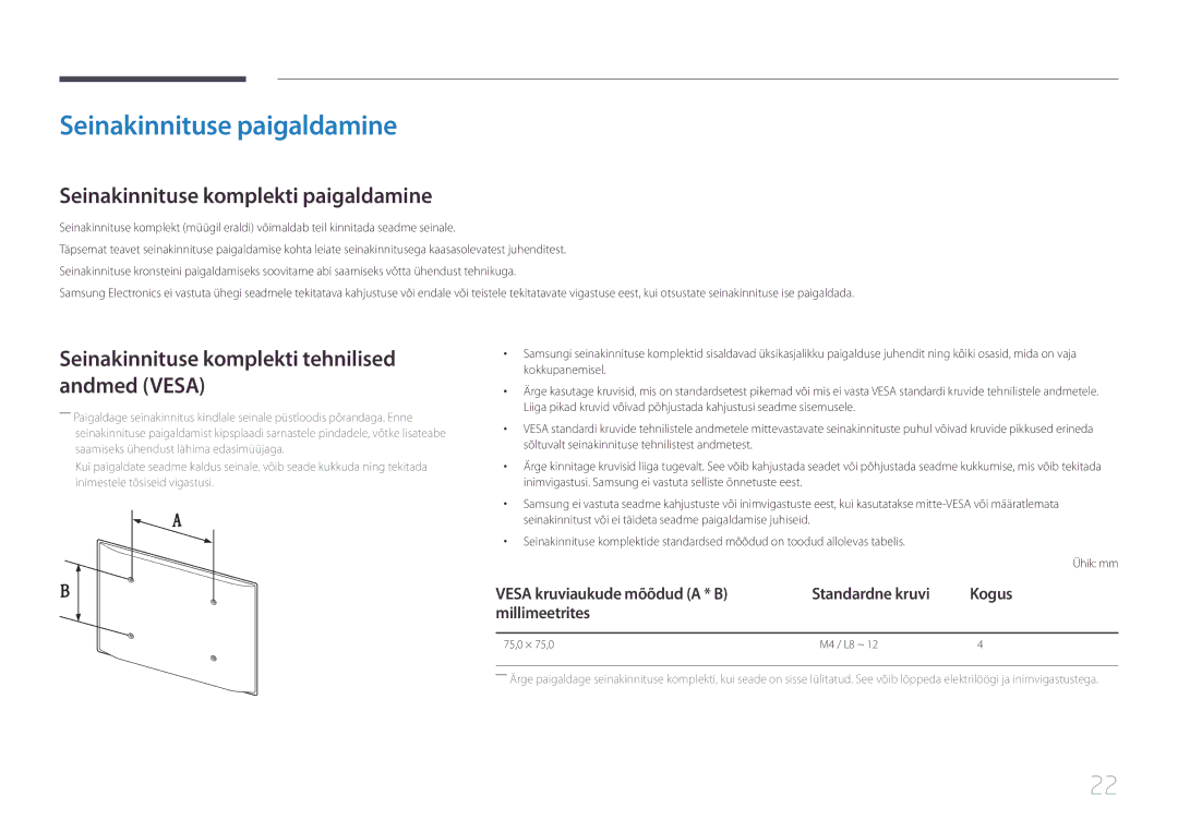 Samsung LH10DBEPEBB/EN, LH10DBEPTGC/EN, LH10DBEPPBB/EN Seinakinnituse paigaldamine, Seinakinnituse komplekti paigaldamine 