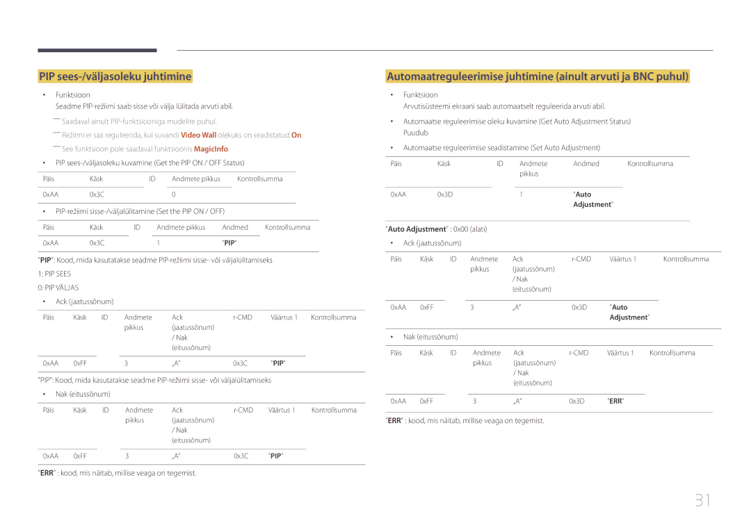 Samsung LH10DBEPEBB/EN manual PIP sees-/väljasoleku juhtimine, Automaatreguleerimise juhtimine ainult arvuti ja BNC puhul 