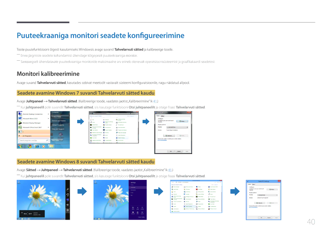 Samsung LH10DBEPEBB/EN, LH10DBEPTGC/EN manual Puuteekraaniga monitori seadete konfigureerimine, Monitori kalibreerimine 