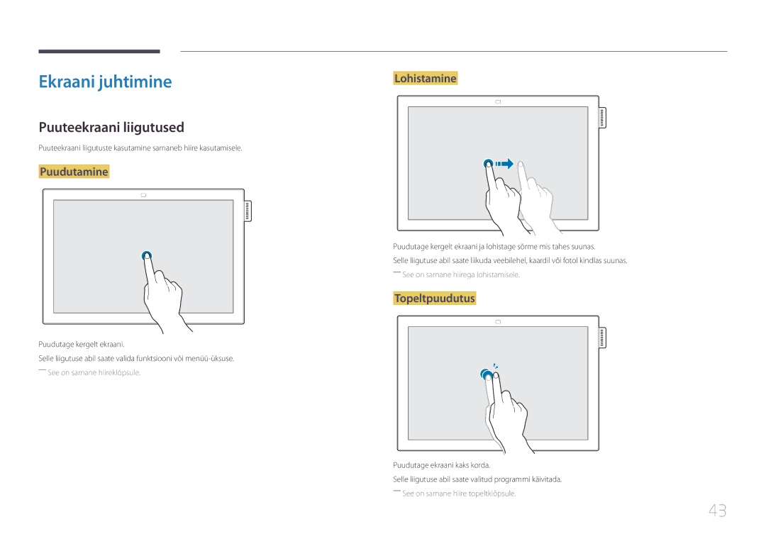 Samsung LH10DBEPEBB/EN manual Ekraani juhtimine, Puuteekraani liigutused, Puudutamine, Lohistamine, Topeltpuudutus 
