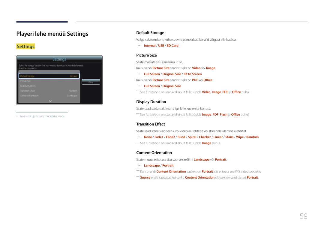 Samsung LH10DBEPPBB/EN Playeri lehe menüü Settings, Internal / USB / SD Card, Full Screen / Original Size / Fit to Screen 