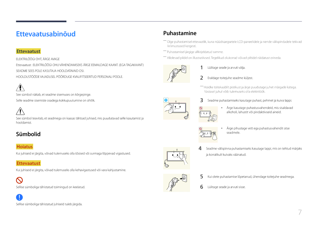 Samsung LH10DBEPEBB/EN, LH10DBEPTGC/EN, LH10DBEPPBB/EN manual Ettevaatusabinõud, Sümbolid, Puhastamine, Ettevaatust 