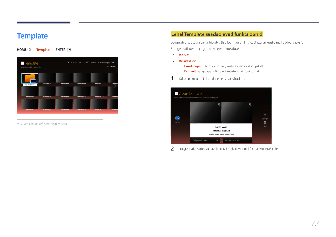 Samsung LH10DBEPTGC/EN manual Lehel Template saadaolevad funktsioonid, Home → Template → Enter E, Market, Orientation 