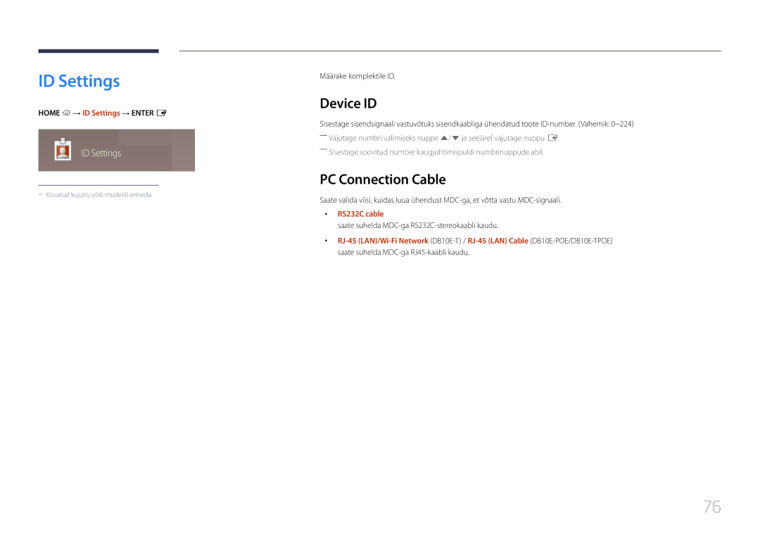 Samsung LH10DBEPEBB/EN, LH10DBEPTGC/EN, LH10DBEPPBB/EN manual ID Settings, Device ID, PC Connection Cable, RS232C cable 