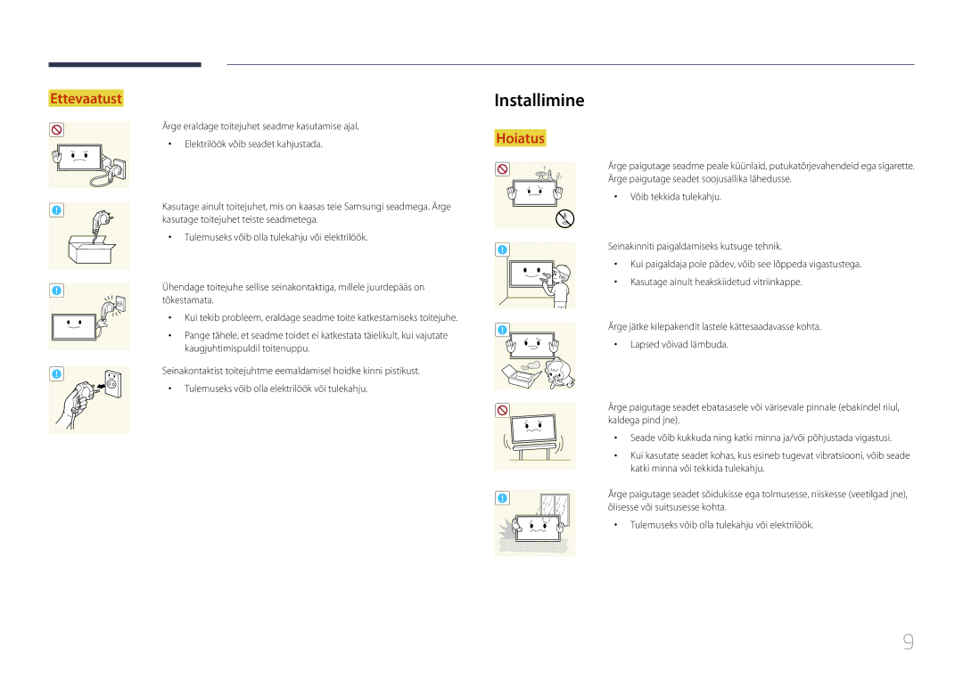 Samsung LH10DBEPTGC/EN, LH10DBEPEBB/EN, LH10DBEPPBB/EN manual Installimine, Õlisesse või suitsusesse kohta 