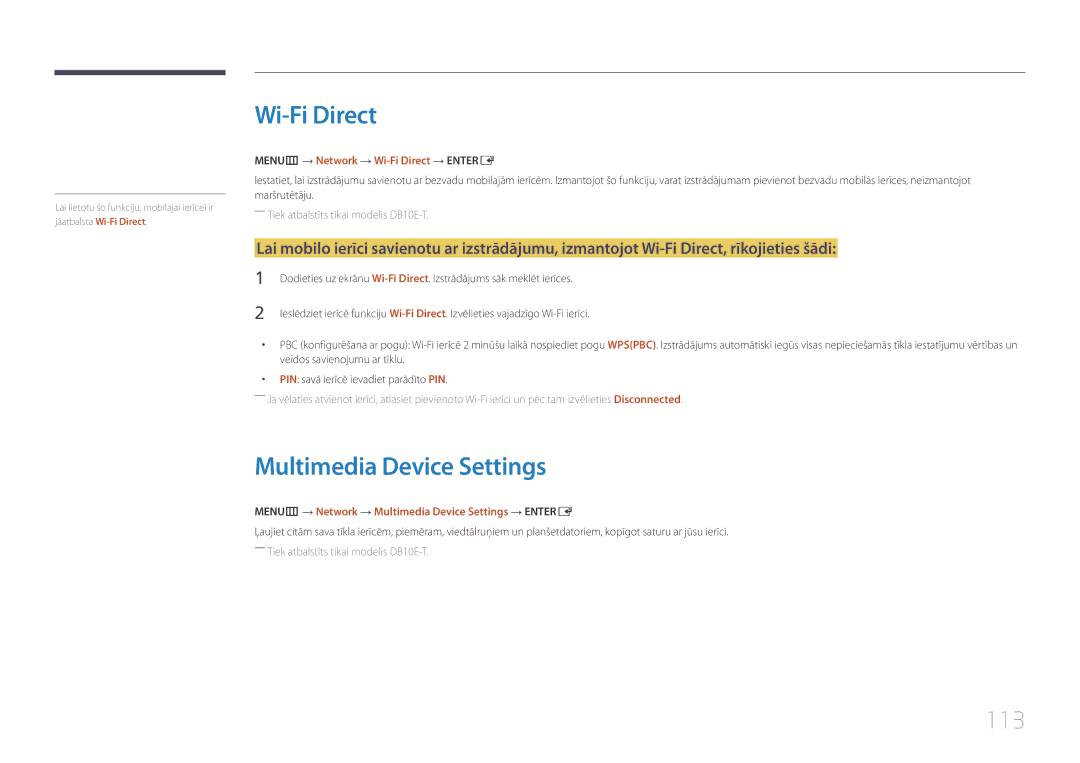 Samsung LH10DBEPPBB/EN, LH10DBEPTGC/EN manual Multimedia Device Settings, 113, MENUm → Network → Wi-Fi Direct → Entere 