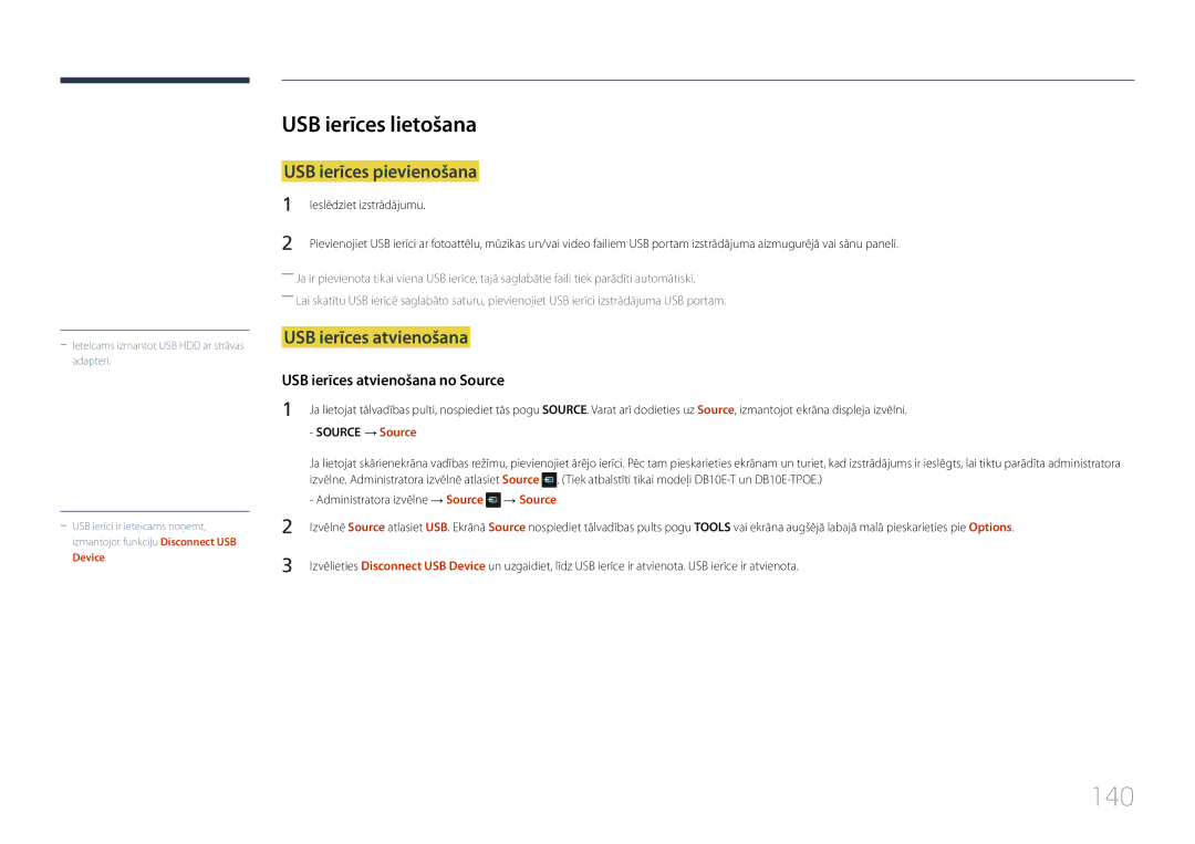 Samsung LH10DBEPPBB/EN manual 140, USB ierīces lietošana, USB ierīces pievienošana, USB ierīces atvienošana, → Source 