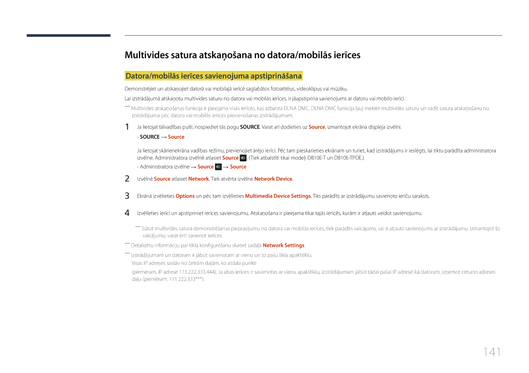 Samsung LH10DBEPTGC/EN, LH10DBEPEBB/EN, LH10DBEPPBB/EN manual 141, Multivides satura atskaņošana no datora/mobilās ierīces 