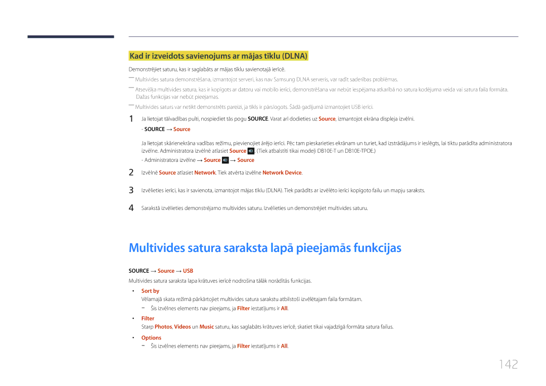 Samsung LH10DBEPEBB/EN manual Multivides satura saraksta lapā pieejamās funkcijas, 142, Source → Source → USB, Filter 