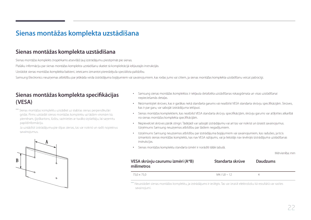 Samsung LH10DBEPEBB/EN manual Sienas montāžas komplekta uzstādīšana, Sienas montāžas komplekta specifikācijas Vesa 