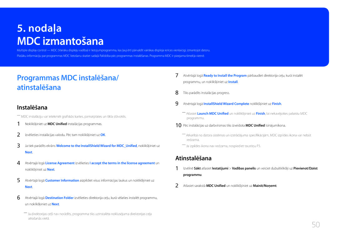 Samsung LH10DBEPPBB/EN manual MDC izmantošana, Programmas MDC instalēšana/ atinstalēšana, Atinstalēšana, Programmu 